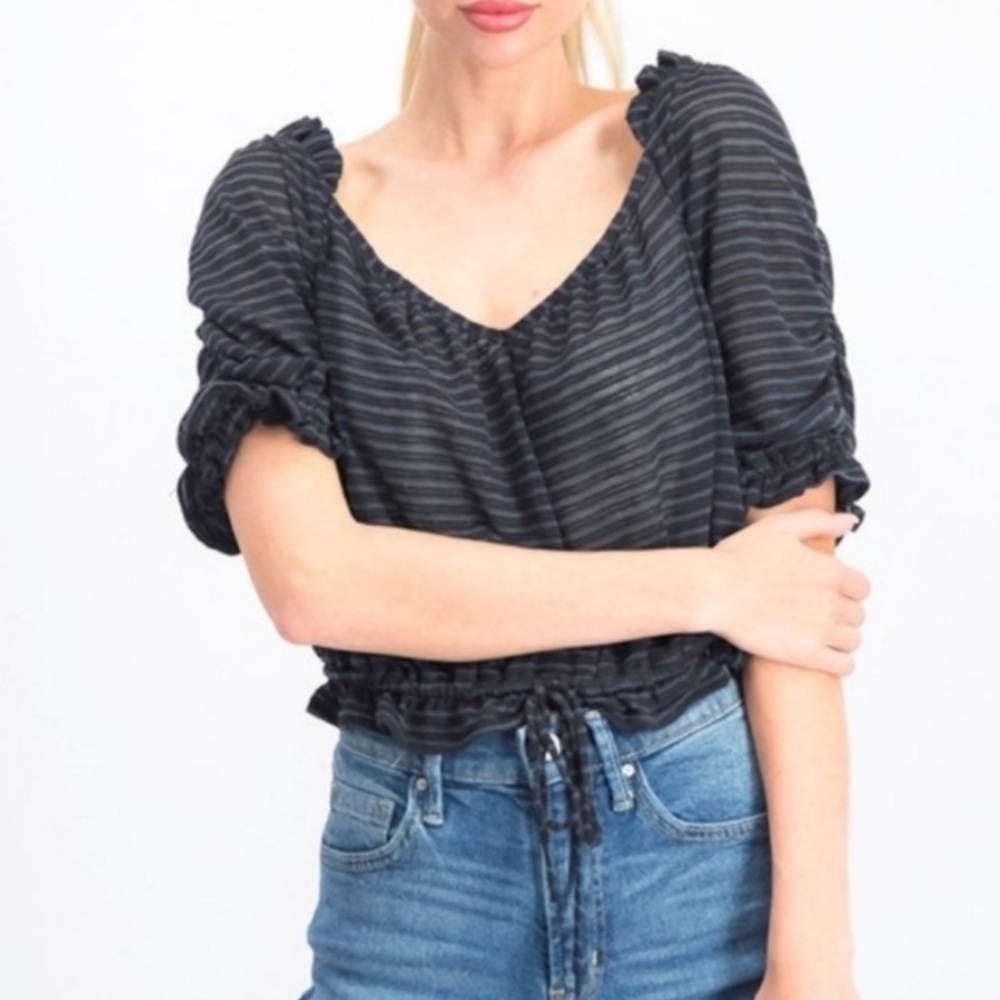 Free People Dorothy Crop Top Puff Sleeve Striped V-Neck Size XS